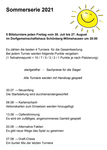 5 Turniere immer freitags 20:00. Start ist 30.07